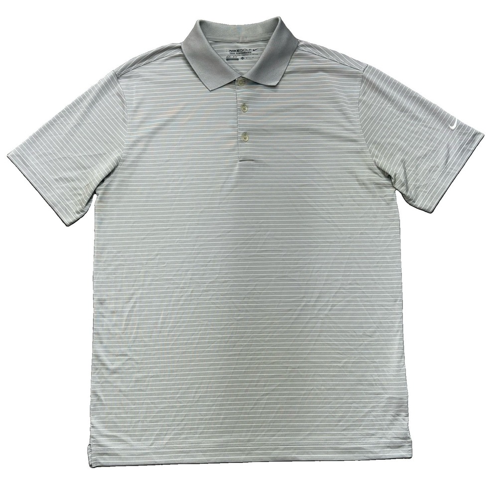 NIKE GOLF DRI FIT TOUR PERFORMANCE POLO SHIRT Sz Mens M Gray w White Stripe